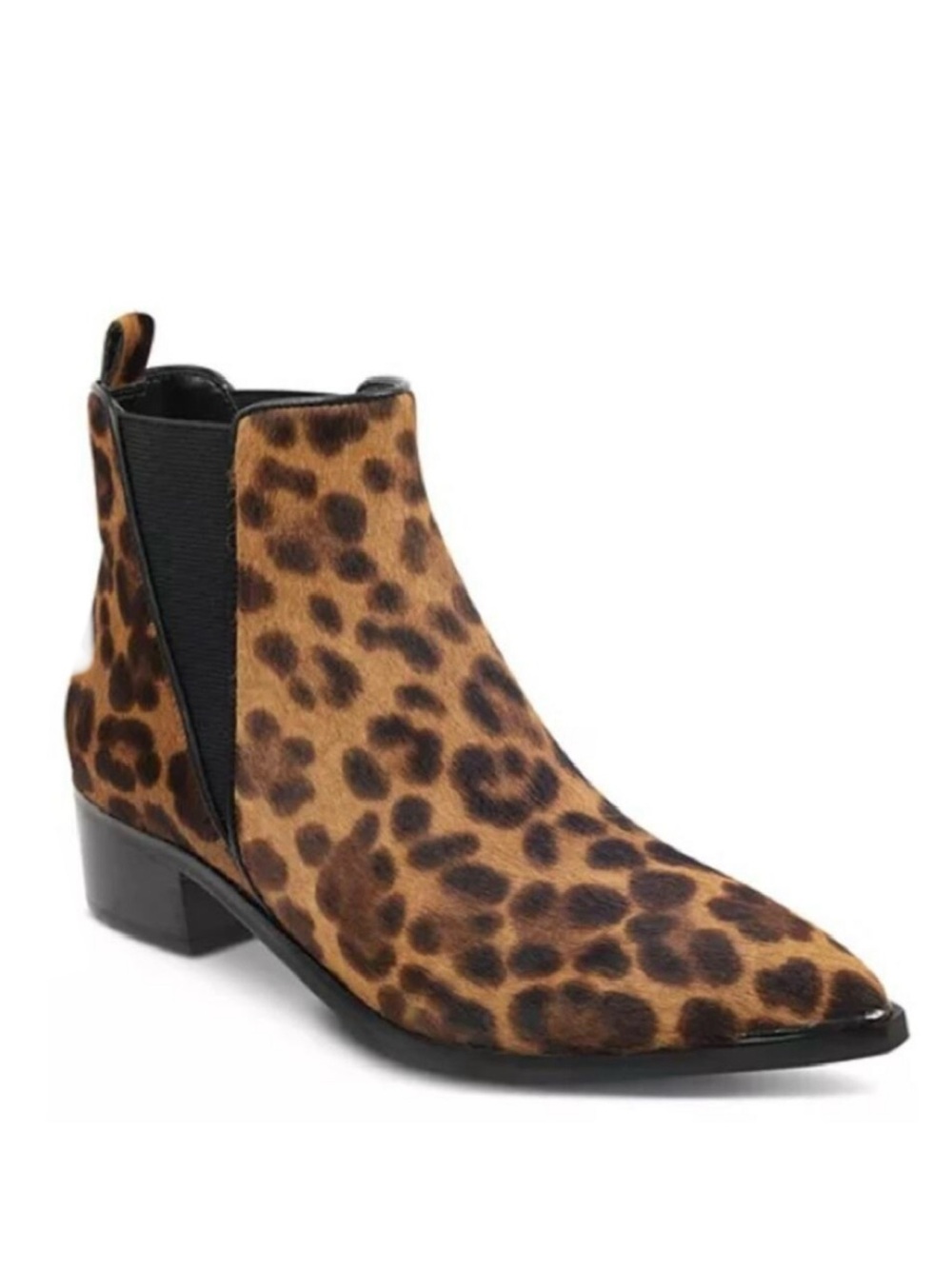 MARC FISHER LTD Yalely Leopard Print Pointy Toe Calf Hair Chelsea Bootie
